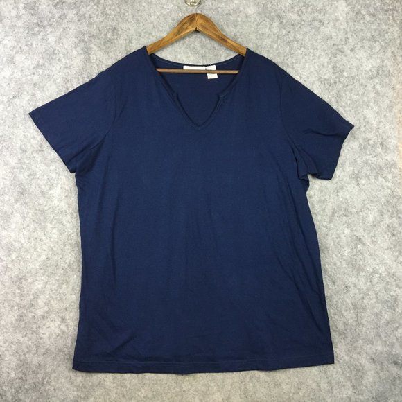 Roamans Top 1X Womens T Shirt 100 Cotton Split Neck Navy Blue Solid Casual - Picture 1 of 11